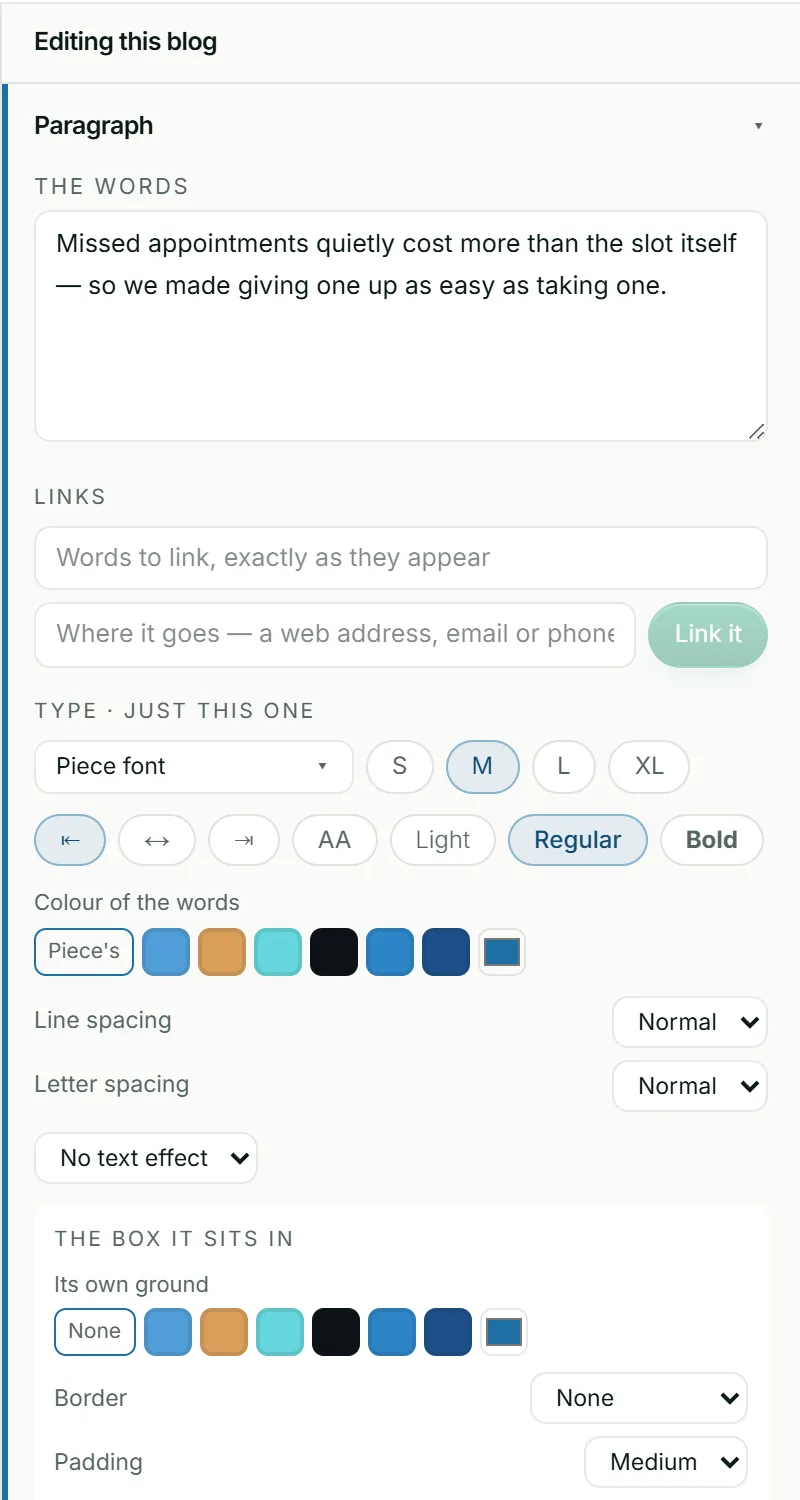 The editor for one paragraph: its words, links, type size, weight and colour.