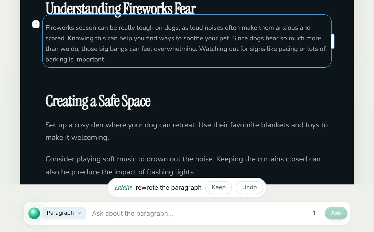 Katalis has rewritten a paragraph friendlier, right on the page, with Keep and Undo.