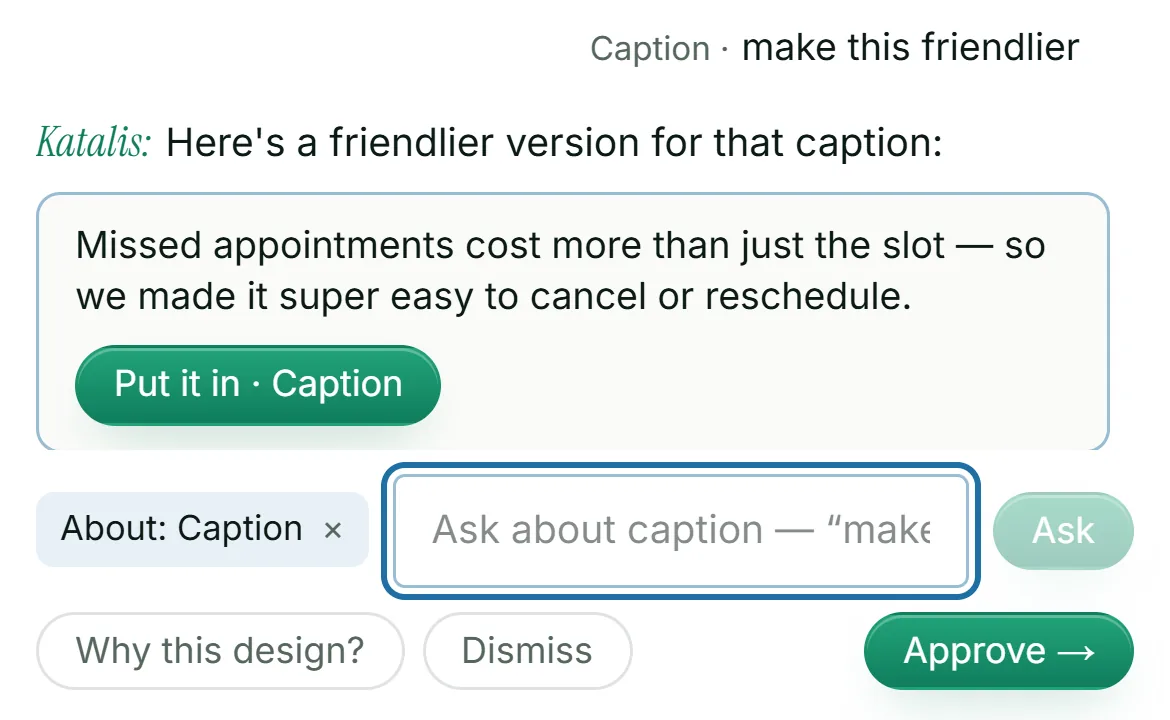 Katalis on a phone, offering a friendlier version of a post's caption, with a button to put it in.