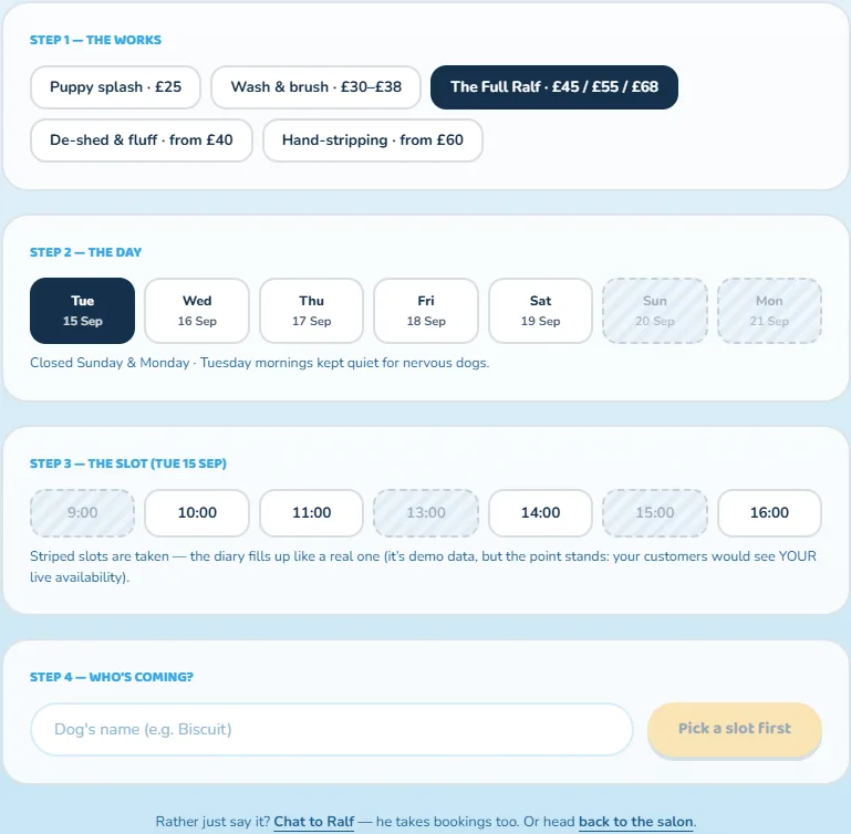 Ralf's booking page: pick a service, a day, and a live slot — taken slots striped out