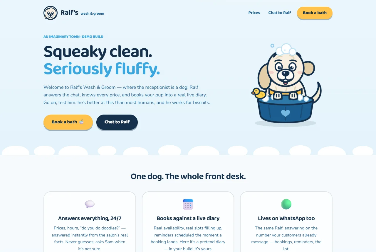 Ralf's Wash & Groom — the demo build's home page: a cartoon dog in a bubbly wash tub, with booking and chat buttons
