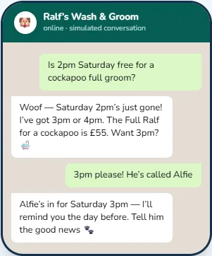 A simulated WhatsApp thread where Ralf answers a booking enquiry and confirms a slot